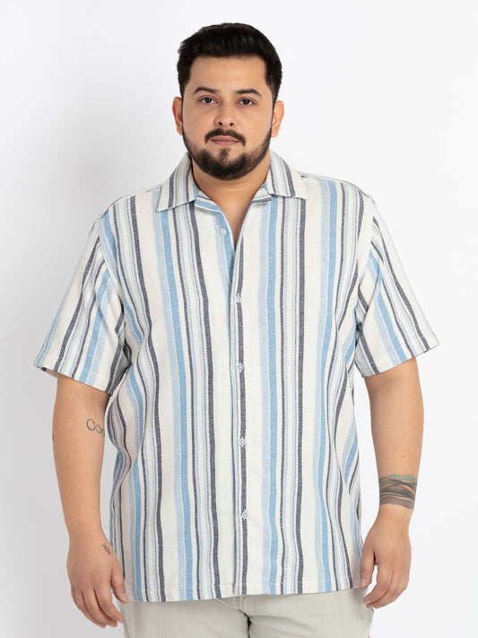 Mens Plus Size Off White Cuban Collar Striped Shirt