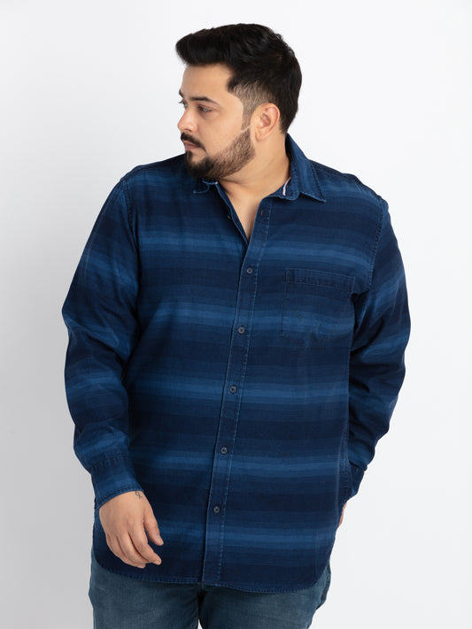Mens Plus Size Indigo Spread Collar Striped Shirt