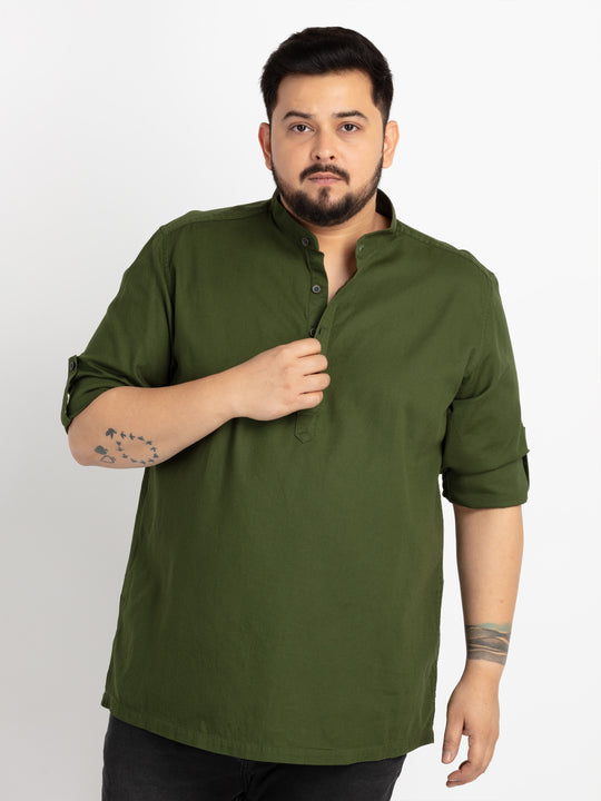 Mens Plus Size Bottle Green Mandarin Collar Self Design Shirt