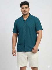 Plus Size Men's Knit Cuban Collar Shirt with Dobby Texture
