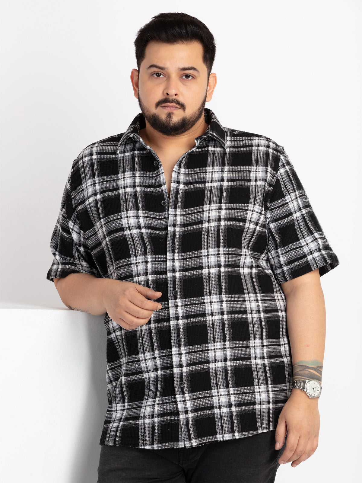 Black Spread Collar Checked Shirt