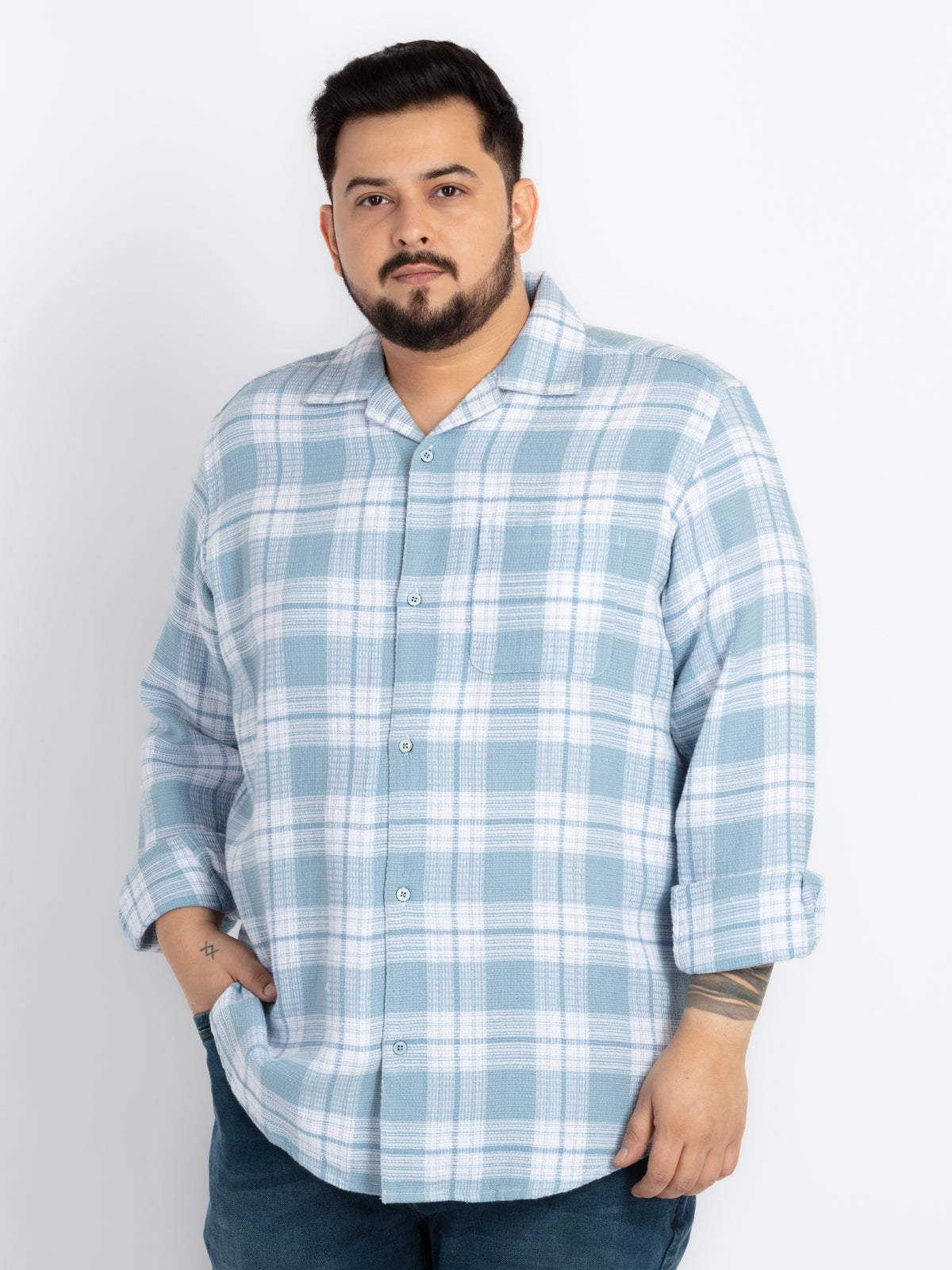 Blue Spread Collar Checked Shirt