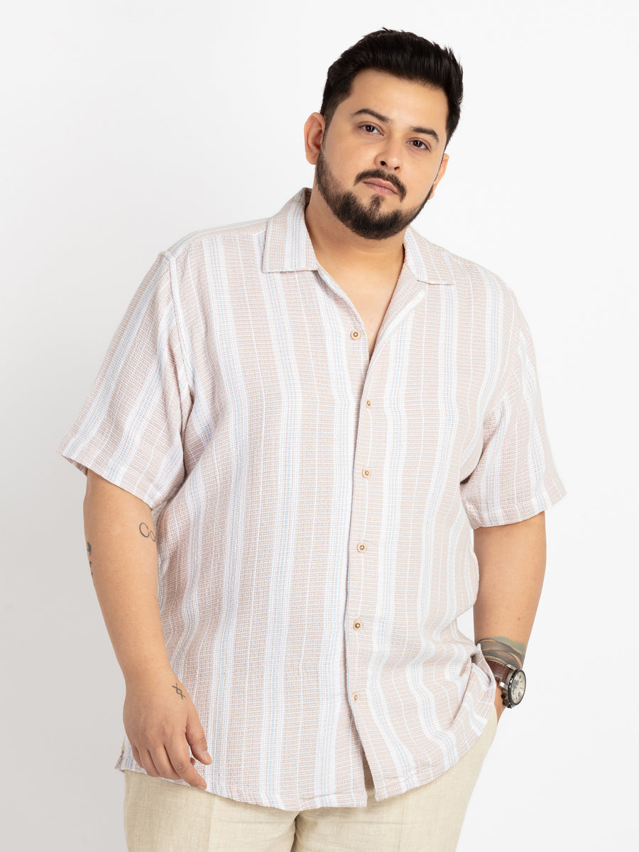 Mens Plus Size Natural Cuban Collar Striped Shirt