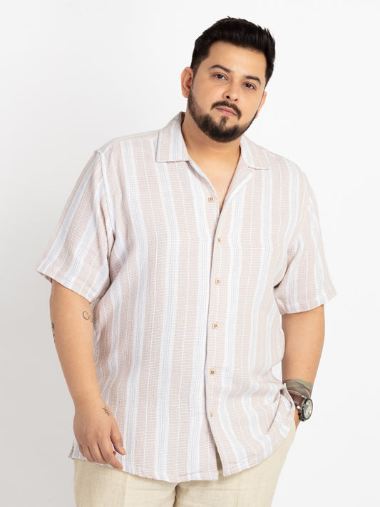 Mens Plus Size Natural Cuban Collar Striped Shirt