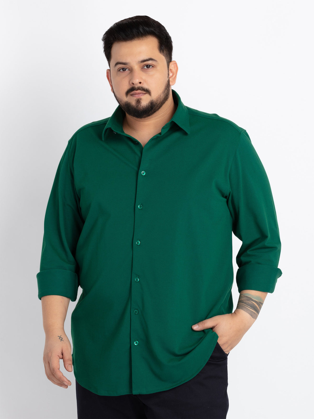 Bottle Green Spread Collar Solid Shirt