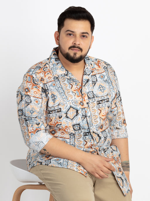 Mens Plus Size Beige Spread Collar Printed Shirt