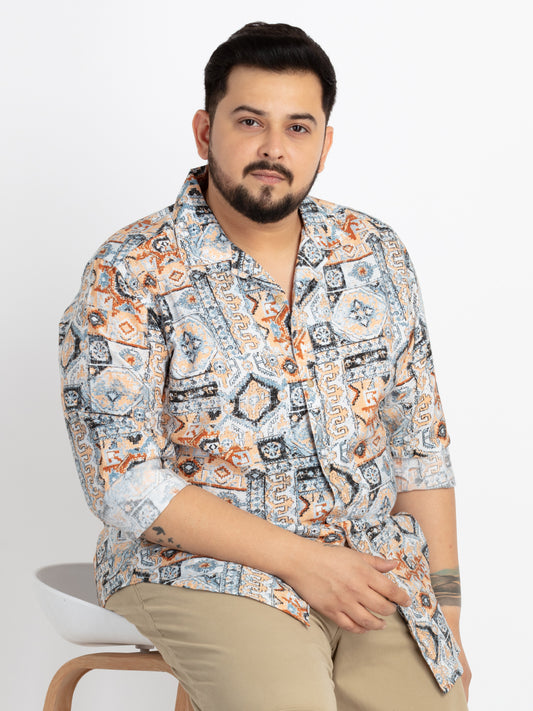 Mens Plus Size Beige Spread Collar Printed Shirt