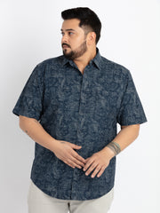 Mens Plus Size Indigo Spread Collar Printed Shirt