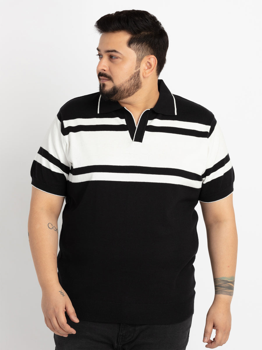 Mens Plus Size Black & White stripe flat knit Polo