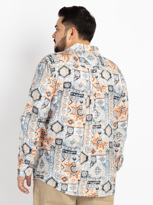 Mens Plus Size Beige Spread Collar Printed Shirt
