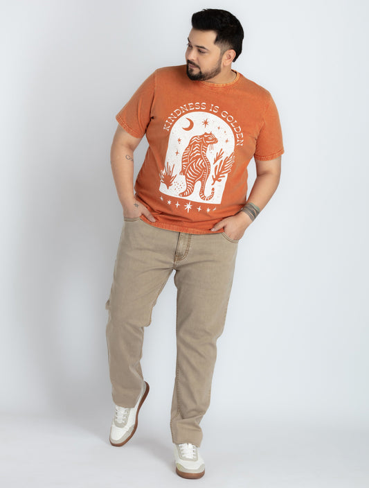 Mens Orange Round Neck T-shirt