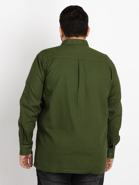 Mens Plus Size Bottle Green Mandarin Collar Self Design Shirt