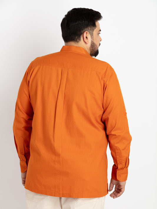 Mens Plus Size Rust Mandarin Collar Self Design Shirt