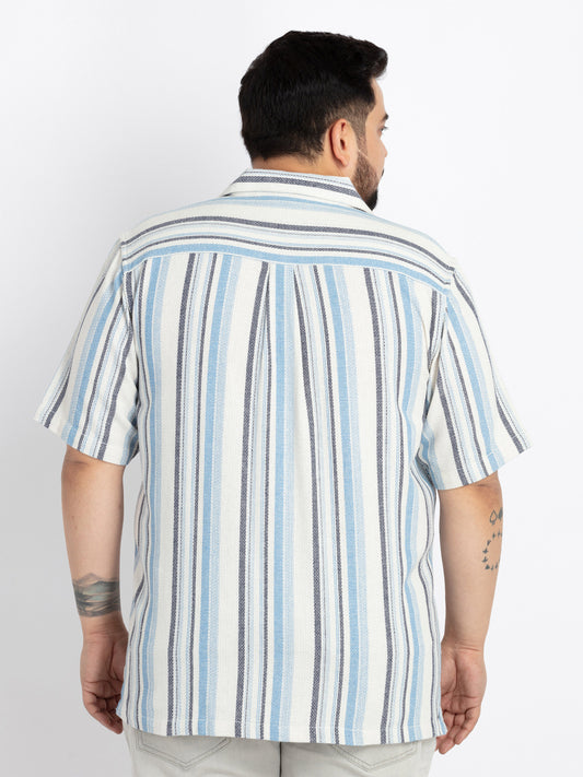 Mens Plus Size Off White Cuban Collar Striped Shirt