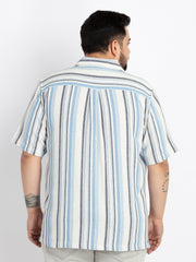 Mens Plus Size Off White Cuban Collar Striped Shirt