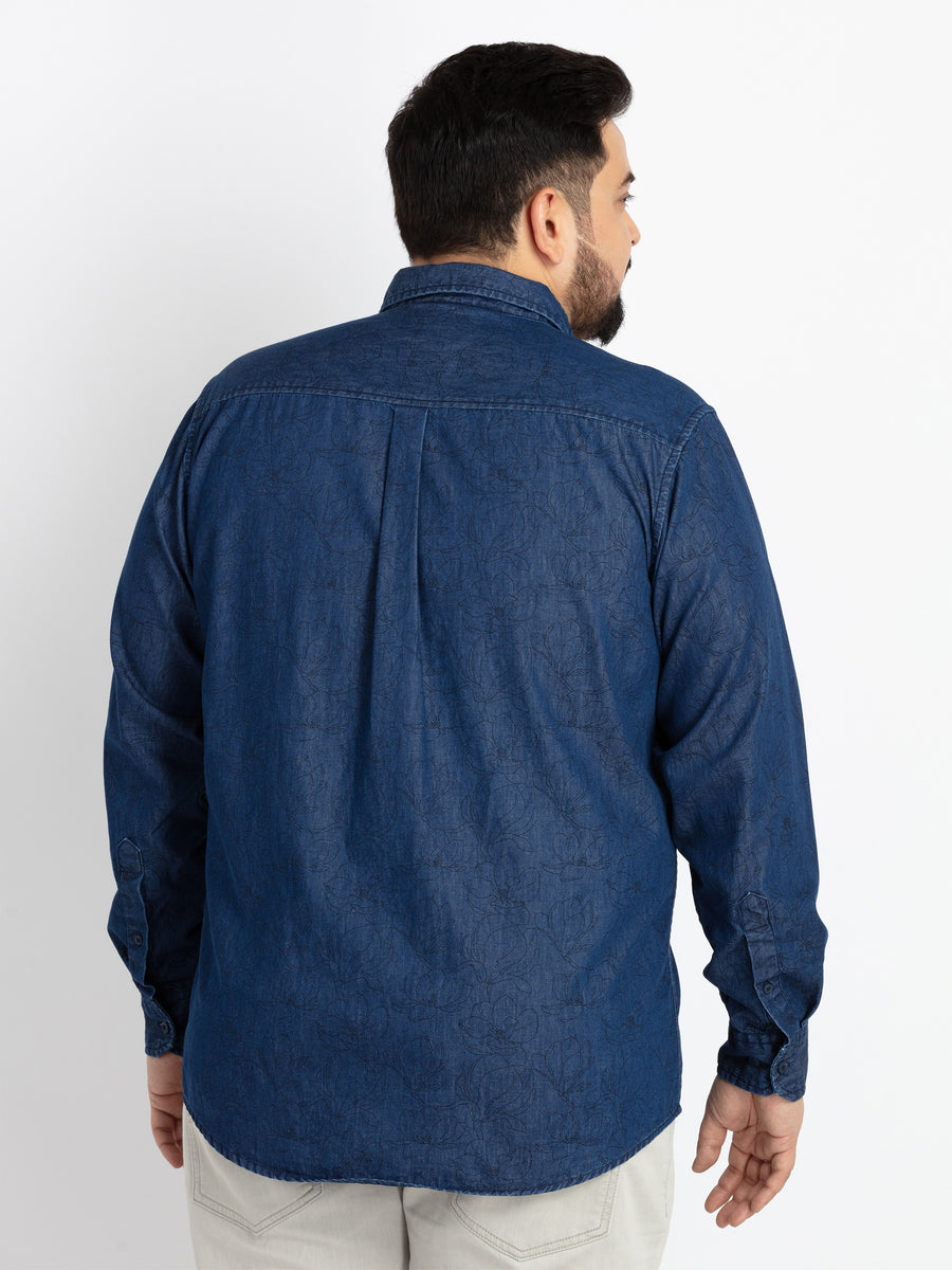 Mens Plus Size Indigo Spread Collar Printed Shirt