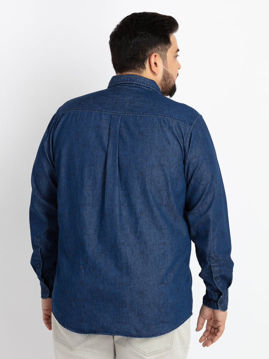 Mens Plus Size Indigo Spread Collar Printed Shirt