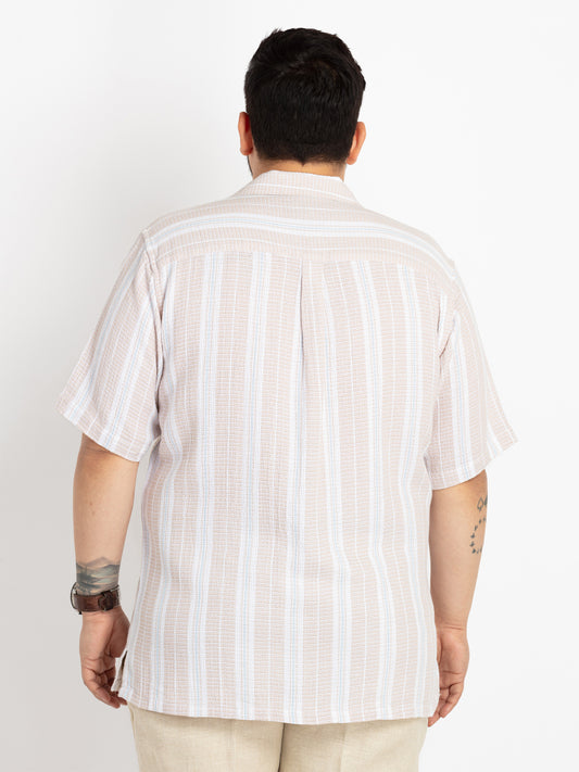 Mens Plus Size Natural Cuban Collar Striped Shirt