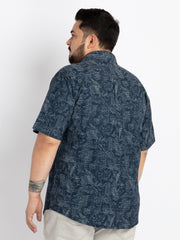 Mens Plus Size Indigo Spread Collar Printed Shirt