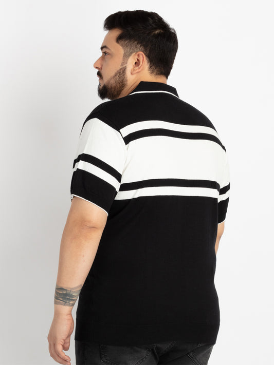 Mens Plus Size Black & White stripe flat knit Polo
