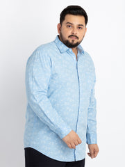 Mens Plus Size Blue Spread Collar Printed Shirt