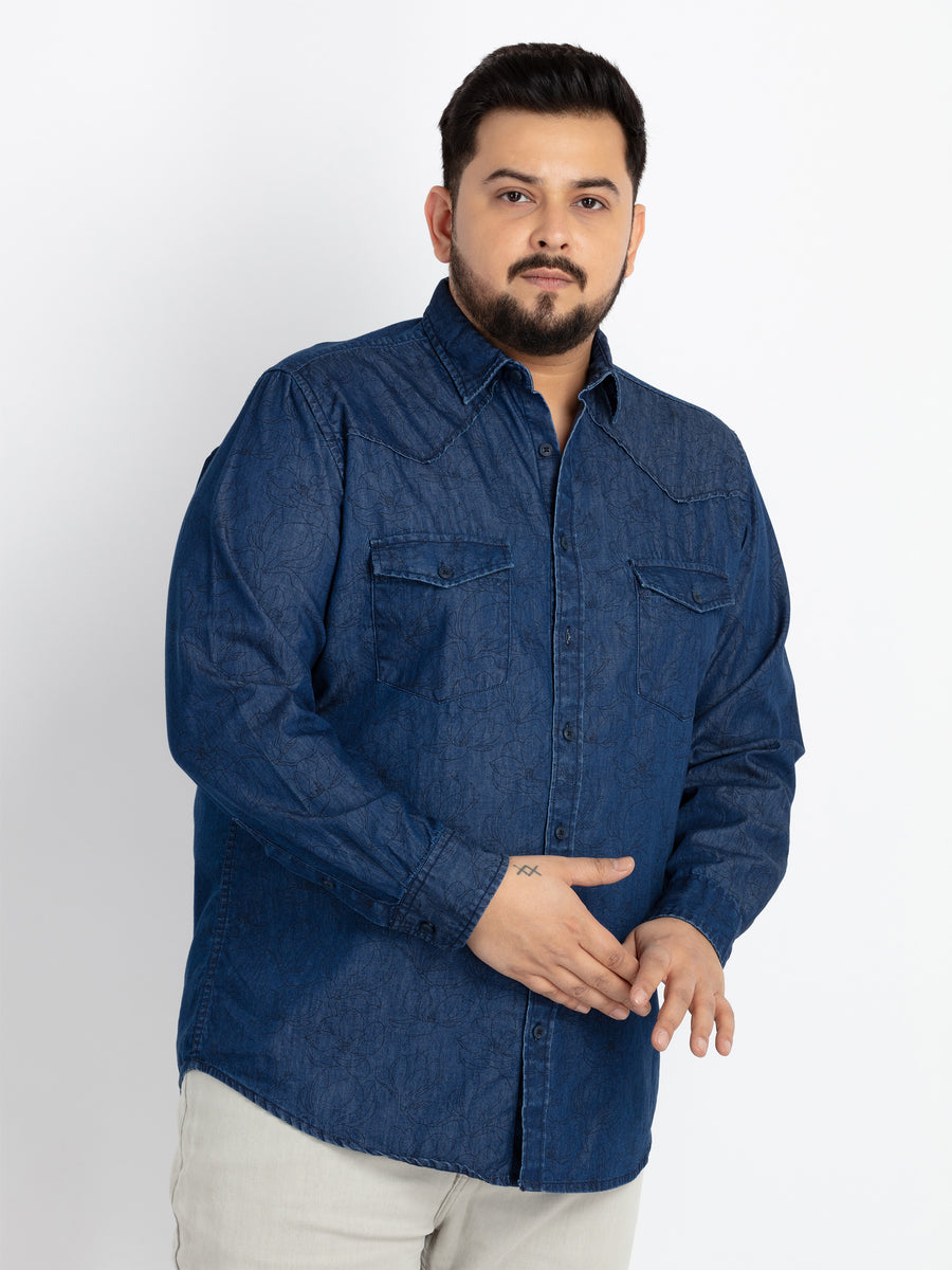 Mens Plus Size Indigo Spread Collar Printed Shirt