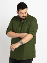 Bottle Green Mandarin Collar Self Design Shirt