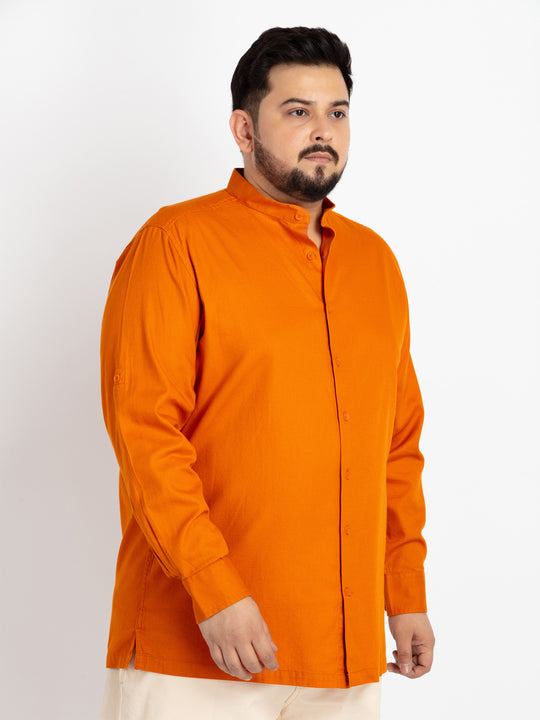 Mens Plus Size Rust Mandarin Collar Self Design Shirt