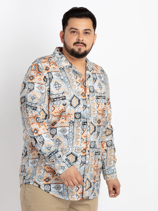 Mens Plus Size Beige Spread Collar Printed Shirt