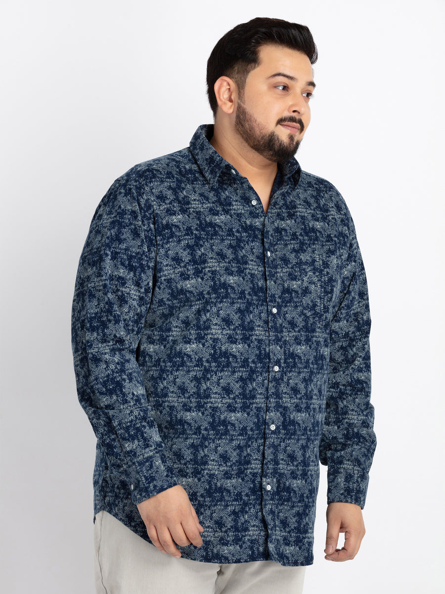 Mens Plus Size Indigo Regular Spread Collar Printed Shirt