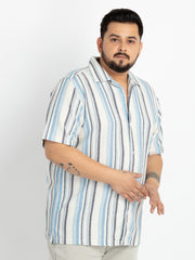 Mens Plus Size Off White Cuban Collar Striped Shirt