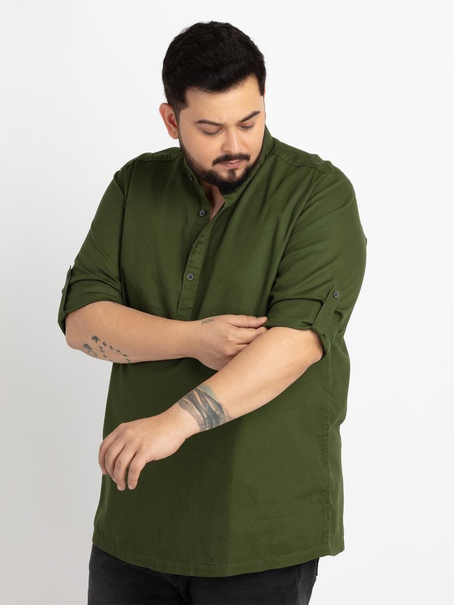 Mens Plus Size Bottle Green Mandarin Collar Self Design Shirt
