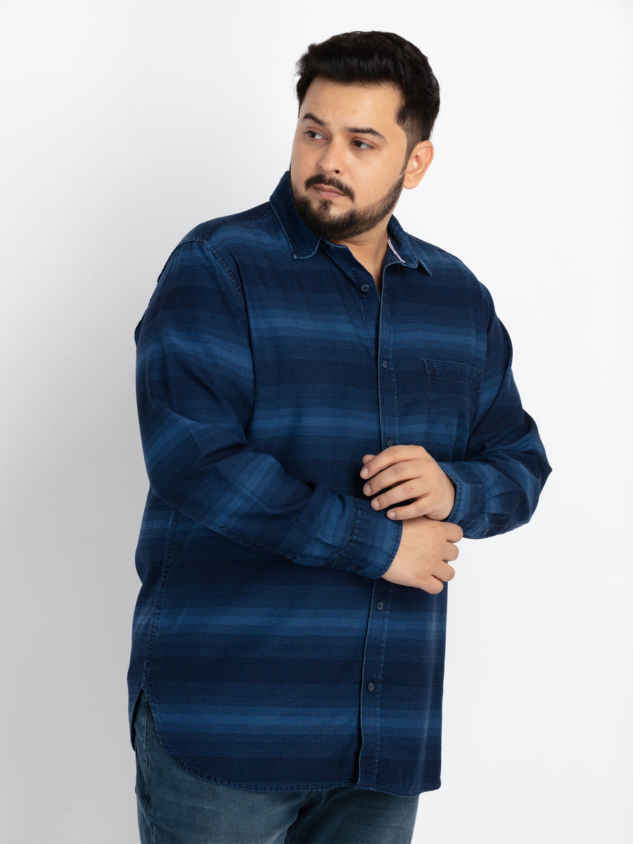 Mens Plus Size Indigo Spread Collar Striped Shirt