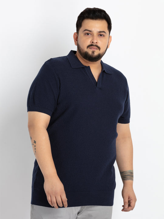 Mens Plus Size Navy self structured flat knit Polo
