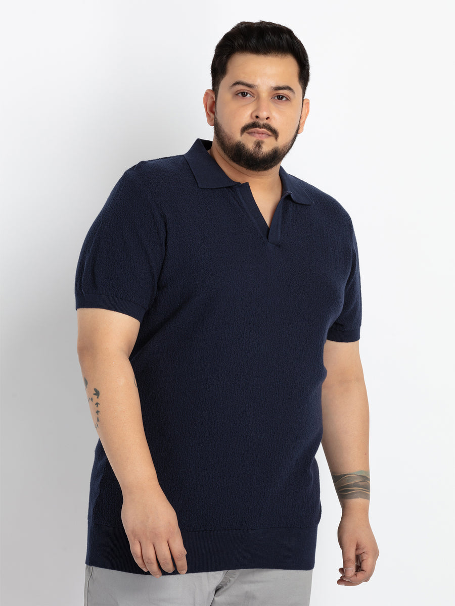 Mens Plus Size Navy self structured flat knit Polo