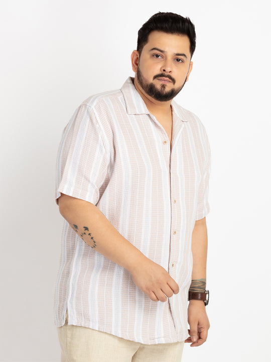Mens Plus Size Natural Cuban Collar Striped Shirt