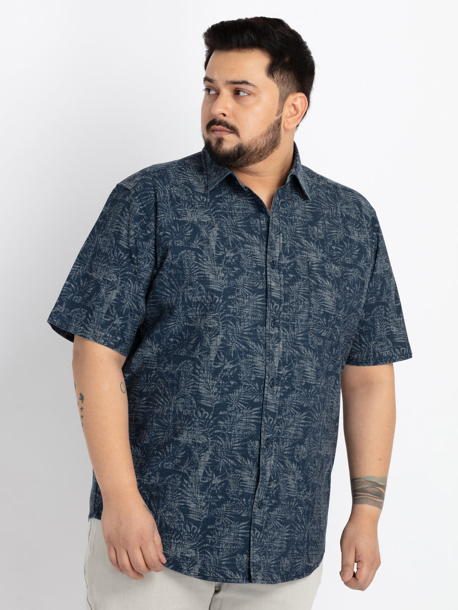 Mens Plus Size Indigo Spread Collar Printed Shirt
