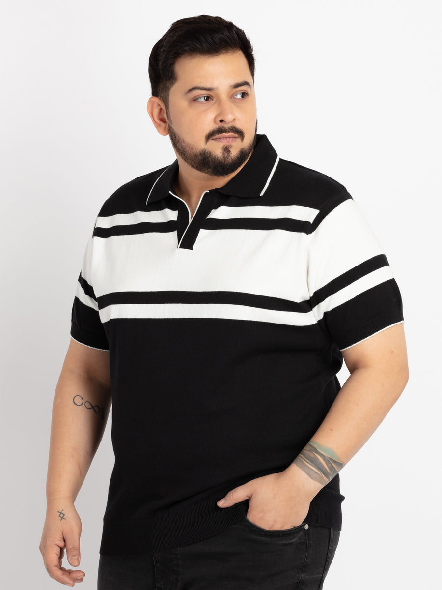 Mens Plus Size Black & White stripe flat knit Polo