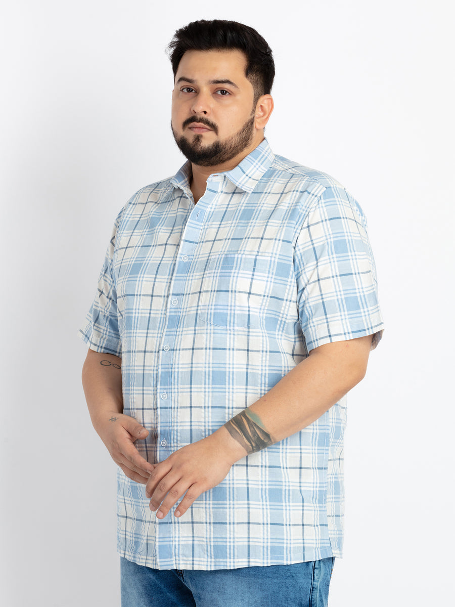 Mens Plus Size Blue Spread Collar Regular Checked Shirt