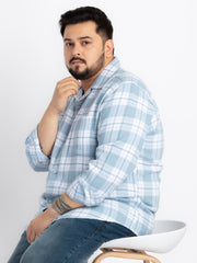 Mens Plus Size Blue Spread Collar Checked Shirt