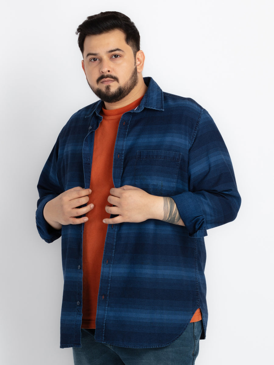 Mens Plus Size Indigo Spread Collar Striped Shirt