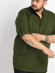 Mens Plus Size Bottle Green Mandarin Collar Self Design Shirt