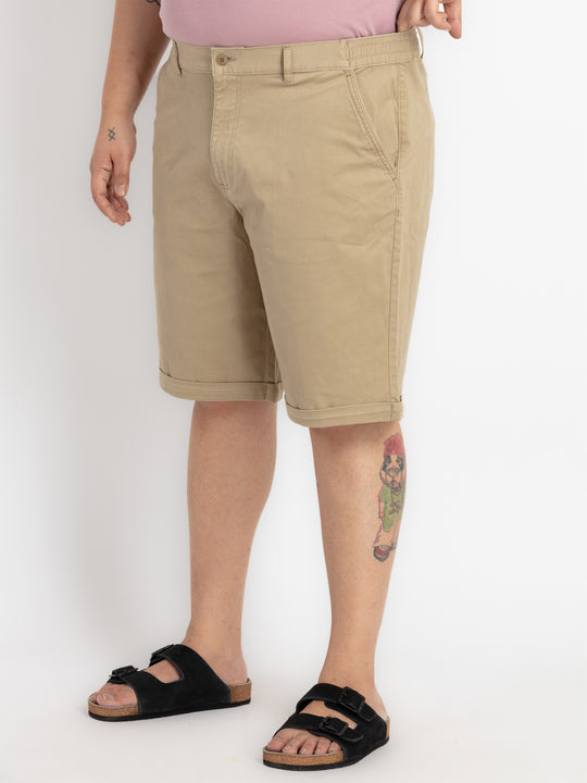 Men’s Khaki Elasticated Twill Walk Shorts with Rolled-Up Hem