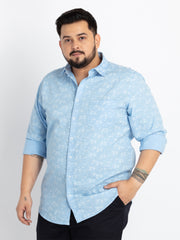 Mens Plus Size Blue Spread Collar Printed Shirt