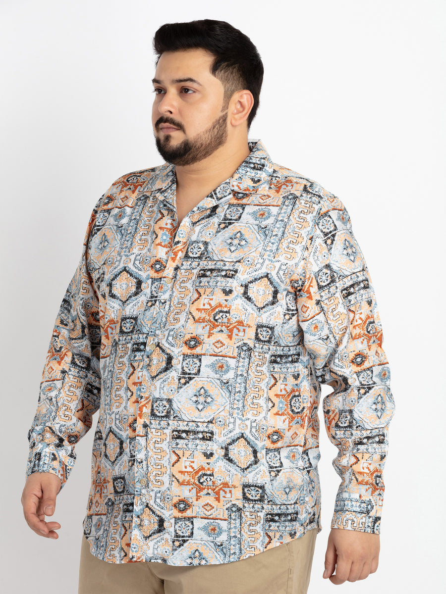 Mens Plus Size Beige Spread Collar Printed Shirt