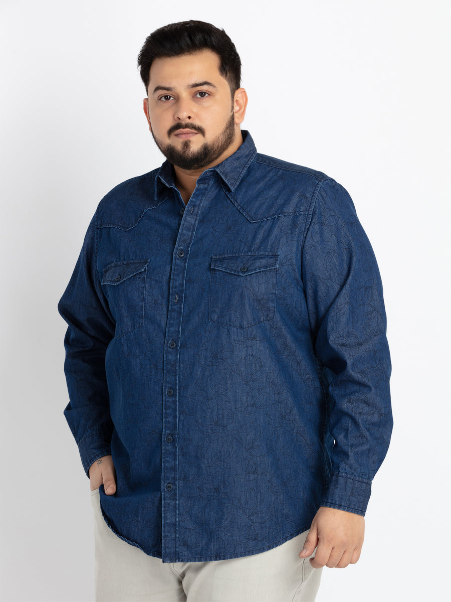 Mens Plus Size Indigo Spread Collar Printed Shirt