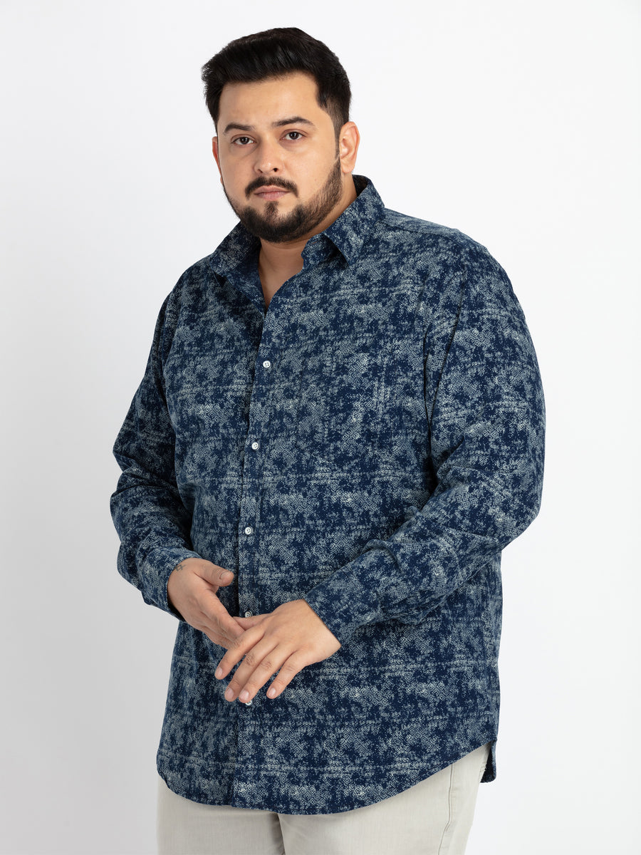 Mens Plus Size Indigo Regular Spread Collar Printed Shirt