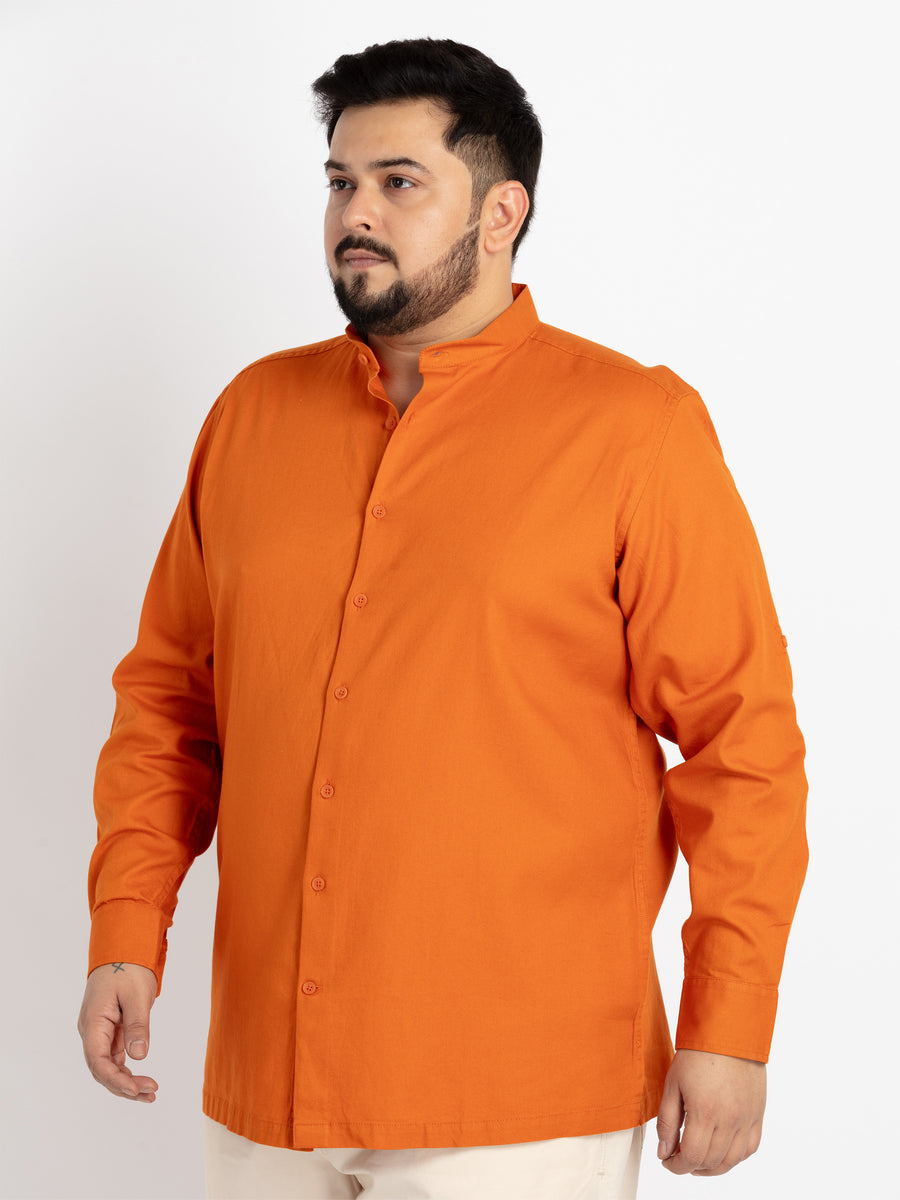 Mens Plus Size Rust Mandarin Collar Self Design Shirt