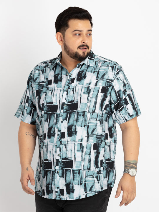 Mens Plus Size Off White Spread Collar Printed Shirt