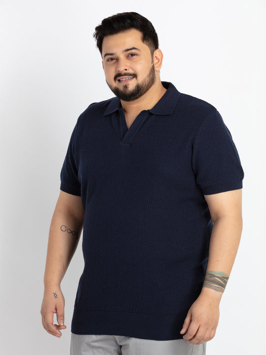 Mens Plus Size Navy self structured flat knit Polo